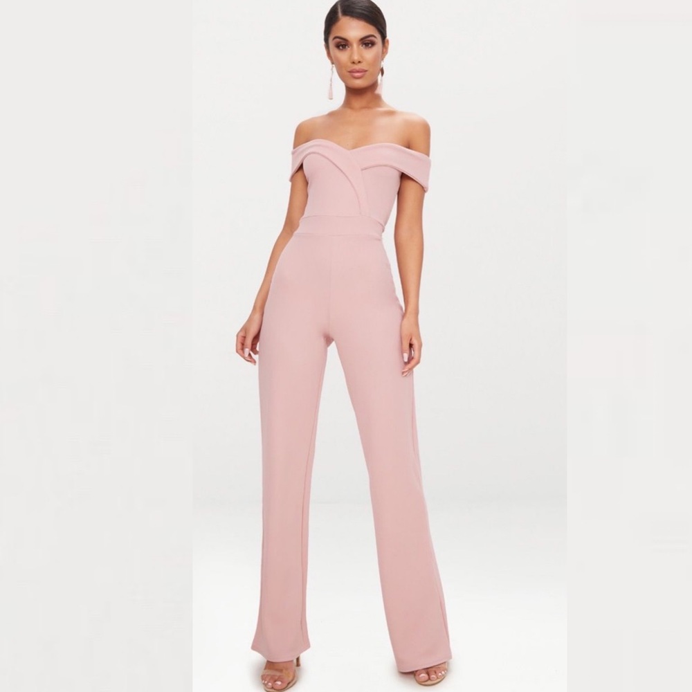 PLT Pretty Little Thing Pink Crepe Bardot Jumpsuit